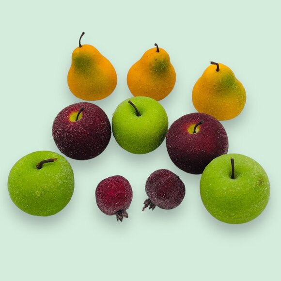 Lot of 10 Faux Sugared Fruit Apples Pears Red Green Yellow - Picture 2 of 12